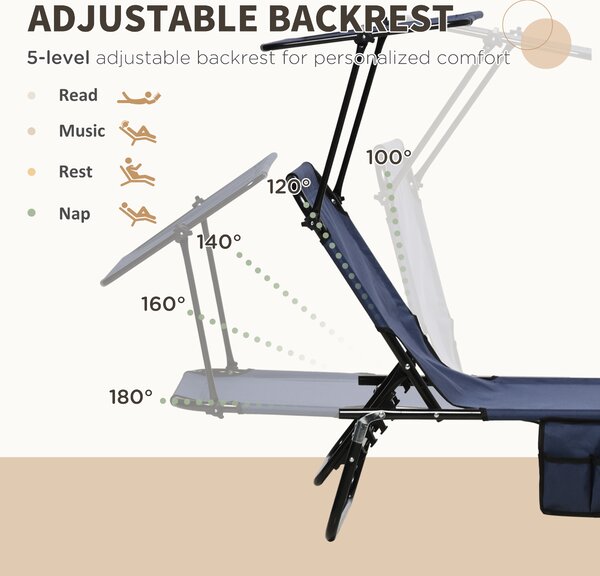 Outsunny 2 Piece Folding Sun Loungers with Canopy, Adjustable Recliner Garden Chairs with Side Pocket for Outdoor, Pool, Beach, Garden, Dark Blue