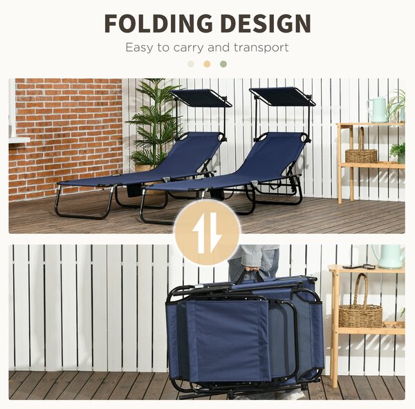 Outsunny 2 Piece Folding Sun Loungers with Canopy, Adjustable Recliner Garden Chairs with Side Pocket for Outdoor, Pool, Beach, Garden, Dark Blue