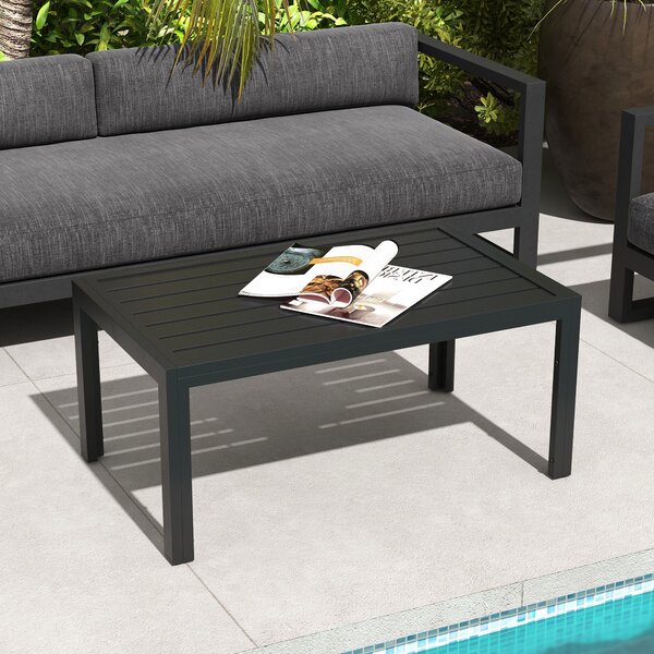 Outsunny Garden Side Table, Rectangular Patio Coffee Side Table with Steel Frame and Slat Tabletop for Garden, Balcony, Black Aosom UK
