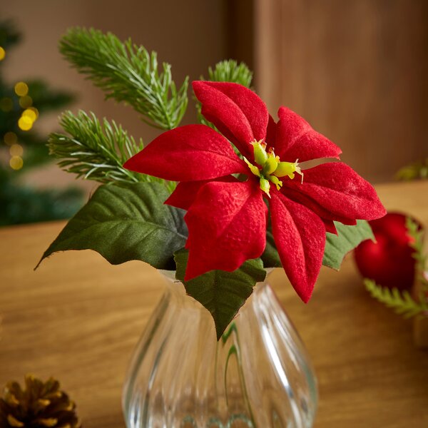 Artificial Red Poinsettia Arrangement in Ribbed Glass Vase