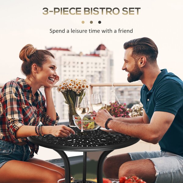 Outsunny 3 Pcs Bistro Set, Garden Table and Chairs Set With Parasol Hole, Black Aosom UK