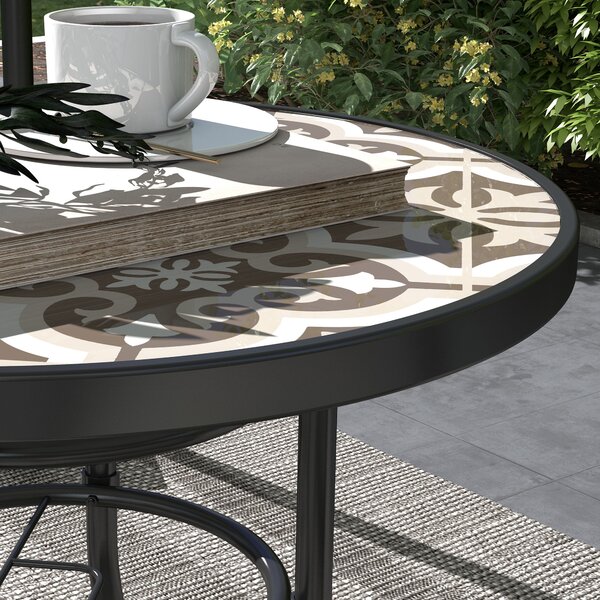 Outsunny Tempered Glass Top Garden Table with Glass Printed Design, Steel Frame, Foot Pads for Porch, Balcony, Tan Brown Aosom UK