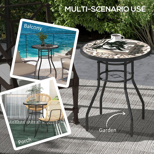 Outsunny Tempered Glass Top Garden Table with Glass Printed Design, Steel Frame, Foot Pads for Porch, Balcony, Tan Brown Aosom UK