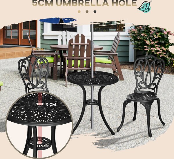 Outsunny 3 Pcs Bistro Set, Garden Table and Chairs Set With Parasol Hole, Black Aosom UK