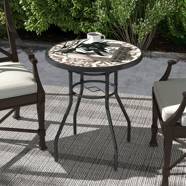 Outsunny Tempered Glass Top Garden Table with Glass Printed Design, Steel Frame, Foot Pads for Porch, Balcony, Tan Brown Aosom UK
