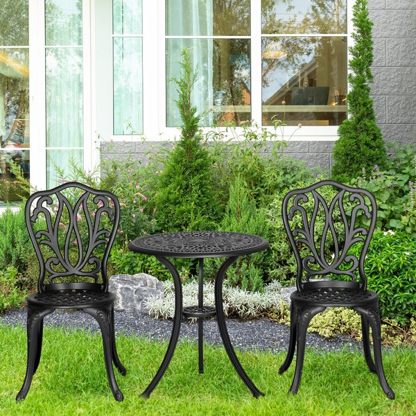 Outsunny 3 Pcs Bistro Set, Garden Table and Chairs Set With Parasol Hole, Black Aosom UK