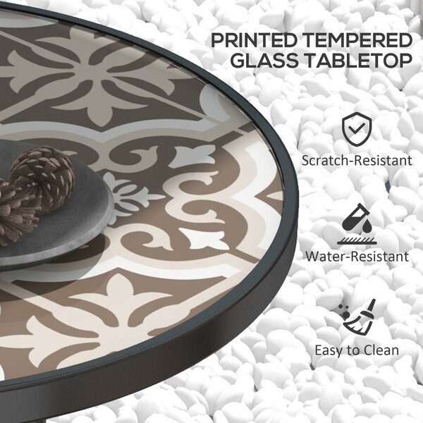 Outsunny Tempered Glass Top Garden Table with Glass Printed Design, Steel Frame, Foot Pads for Porch, Balcony, Tan Brown Aosom UK