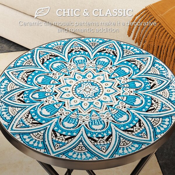 Outsunny Mosaic Outdoor Garden Table, 35.5cm Round Folding Coffee Table with Metal Frame for Balcony Terrace, Blue