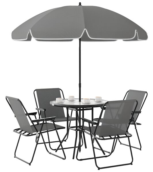 Outsunny 4 Seater Garden Furniture Set, 6 Pieces Garden Table and Chairs with Parasol, Folding Chairs and Round Glass Top Table for Patio, Grey