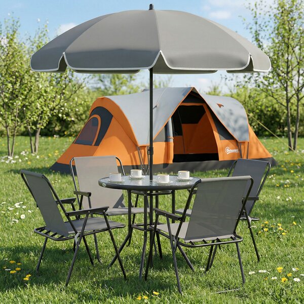 Outsunny 4 Seater Garden Furniture Set, 6 Pieces Garden Table and Chairs with Parasol, Folding Chairs and Round Glass Top Table for Patio, Grey