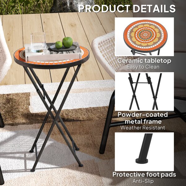 Outsunny Mosaic Outdoor Garden Table, 35.5cm Round Folding Coffee Table with Metal Frame for Balcony Terrace, Orange Aosom UK