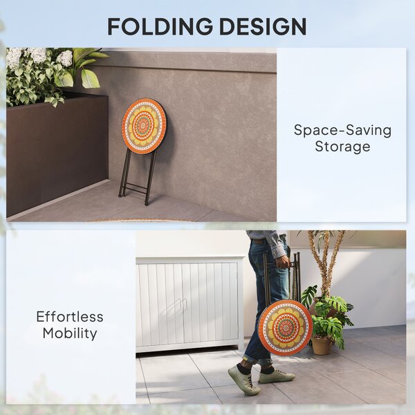Outsunny Mosaic Outdoor Garden Table, 35.5cm Round Folding Coffee Table with Metal Frame for Balcony Terrace, Orange Aosom UK