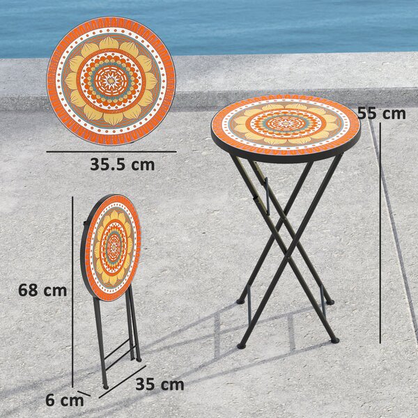 Outsunny Mosaic Outdoor Garden Table, 35.5cm Round Folding Coffee Table with Metal Frame for Balcony Terrace, Orange Aosom UK