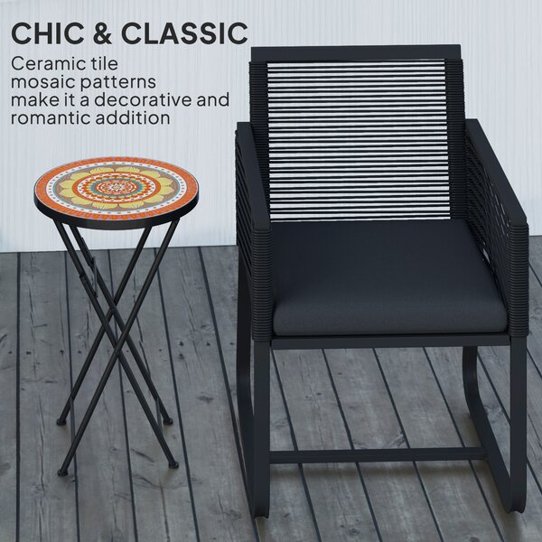 Outsunny Mosaic Outdoor Garden Table, 35.5cm Round Folding Coffee Table with Metal Frame for Balcony Terrace, Orange Aosom UK