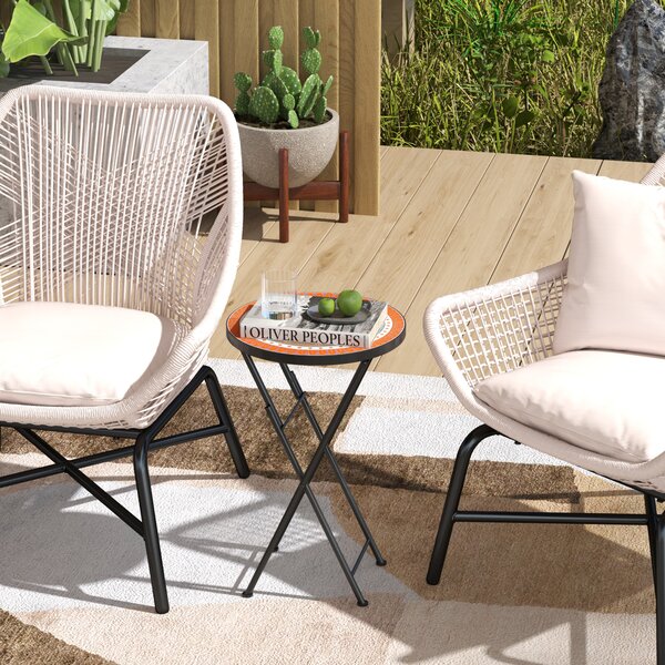 Outsunny Mosaic Outdoor Garden Table, 35.5cm Round Folding Coffee Table with Metal Frame for Balcony Terrace, Orange Aosom UK