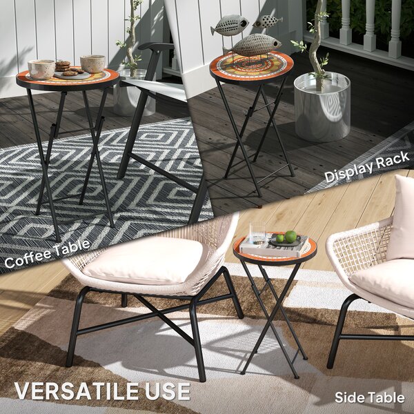 Outsunny Mosaic Outdoor Garden Table, 35.5cm Round Folding Coffee Table with Metal Frame for Balcony Terrace, Orange Aosom UK