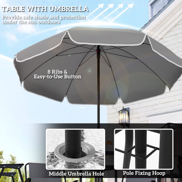 Outsunny 4 Seater Garden Furniture Set, 6 Pieces Garden Table and Chairs with Parasol, Folding Chairs and Round Glass Top Table for Patio, Grey