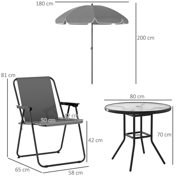 Outsunny 4 Seater Garden Furniture Set, 6 Pieces Garden Table and Chairs with Parasol, Folding Chairs and Round Glass Top Table for Patio, Grey