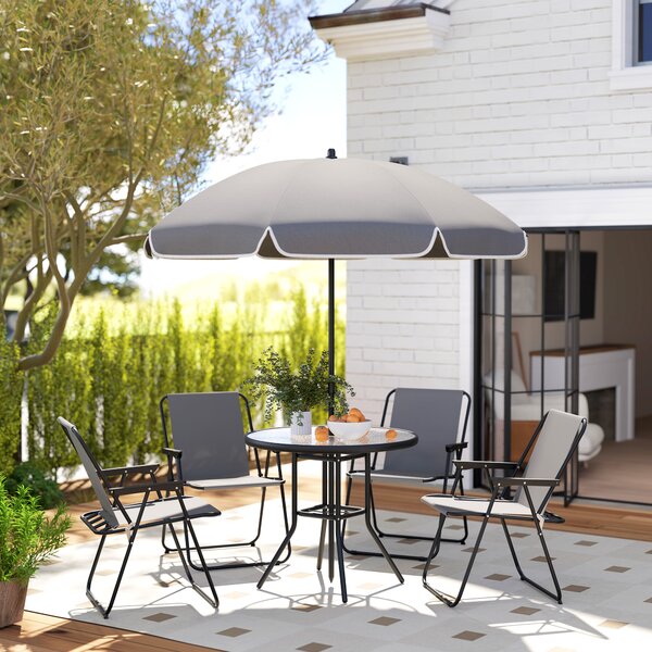 Outsunny 4 Seater Garden Furniture Set, 6 Pieces Garden Table and Chairs with Parasol, Folding Chairs and Round Glass Top Table for Patio, Grey