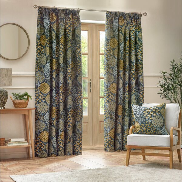 Ophelia Blue Saffron Pencil Pleat Curtains