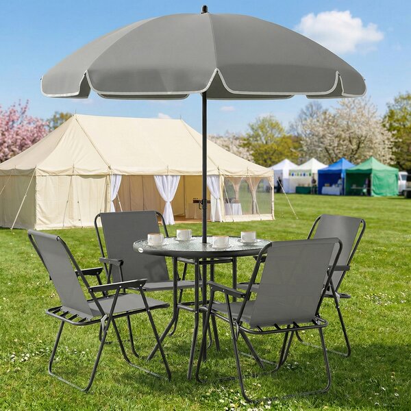 Outsunny 4 Seater Garden Furniture Set, 6 Pieces Garden Table and Chairs with Parasol, Folding Chairs and Round Glass Top Table for Patio, Grey