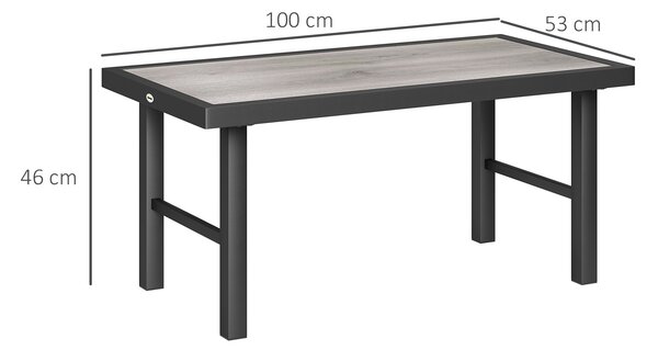 Outsunny Metal Garden Coffee Table, Outdoor Side Table with SPC Woodgrain Tabletop for Outside, Garden, Balcony, Porch, 100 x 53 x 46cm, Grey Wood Effect