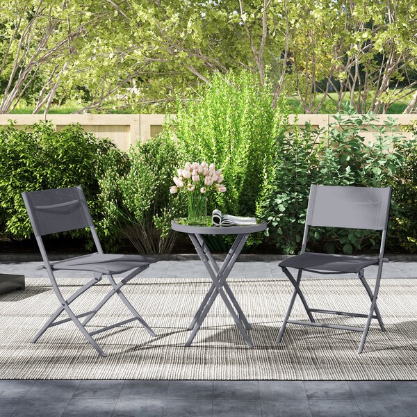 Outsunny 3 Pieces Outdoor Bistro Set, Glass Top Outdoor Table and 2 Folding Chairs with Protecting Feet, Grey