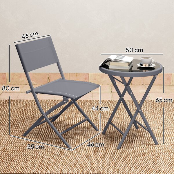 Outsunny 3 Pieces Outdoor Bistro Set, Glass Top Outdoor Table and 2 Folding Chairs with Protecting Feet, Grey