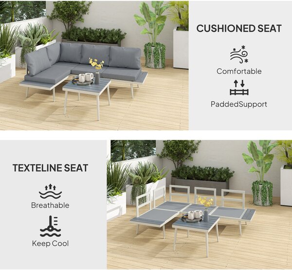 Outsunny 3 Piece Garden Furniture Set with 5-Level Adjustable Lounger, L Shaped Garden Corner Sofa with Cushions, Mesh Seat, Slatted Wood-Grain Table, Outdoor Furniture Set for Conservatory, Grey