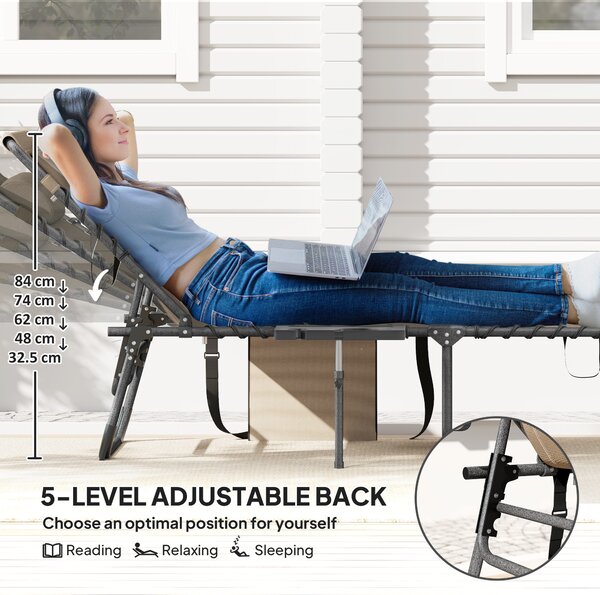 Outsunny Folding Sun Lounger with Side Table, 5-Level Adjustable Reclining Sun Lounger Chair, Portable Garden Recliner Sunbed with Side Pocket, Head Pillow for Patio, Beach, Beige