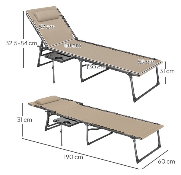 Outsunny Folding Sun Lounger with Side Table, 5-Level Adjustable Reclining Sun Lounger Chair, Portable Garden Recliner Sunbed with Side Pocket, Head Pillow for Patio, Beach, Beige