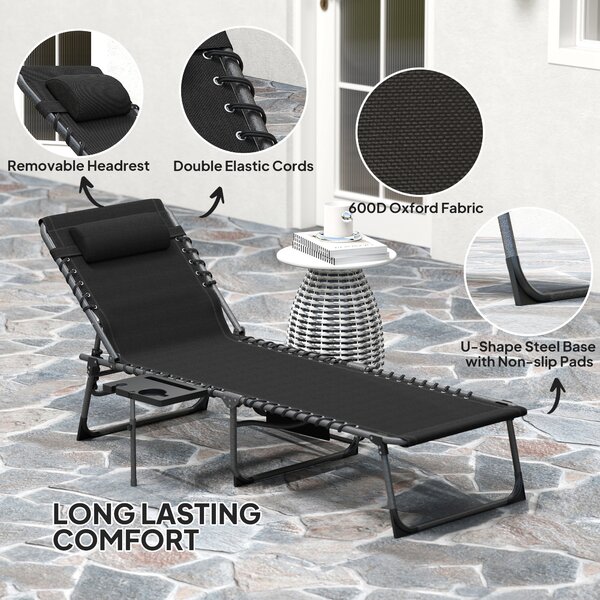 Outsunny Folding Sun Lounger with Side Table, 5-Level Adjustable Reclining Sun Lounger Chair, Portable Garden Recliner Sunbed with Side Pocket, Head Pillow for Patio, Beach, Black