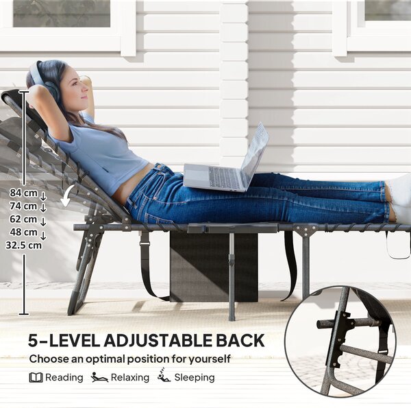 Outsunny Folding Sun Lounger with Side Table, 5-Level Adjustable Reclining Sun Lounger Chair, Portable Garden Recliner Sunbed with Side Pocket, Head Pillow for Patio, Beach, Black