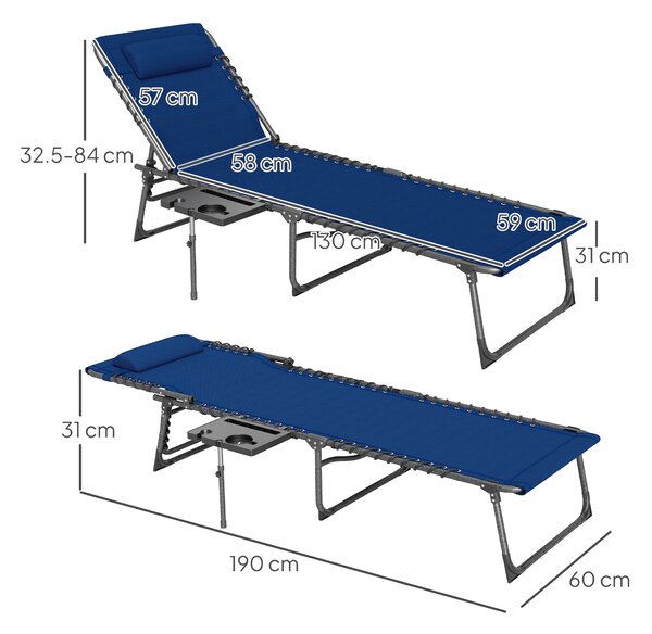 Outsunny Folding Sun Lounger with Side Table, 5-Level Adjustable Reclining Sun Lounger Chair, Portable Garden Recliner Sunbed with Side Pocket, Head Pillow for Patio, Beach, Dark Blue