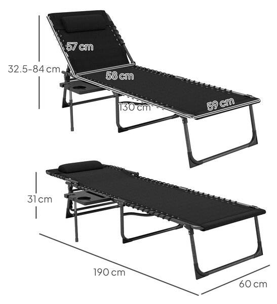 Outsunny Folding Sun Lounger with Side Table, 5-Level Adjustable Reclining Sun Lounger Chair, Portable Garden Recliner Sunbed with Side Pocket, Head Pillow for Patio, Beach, Black