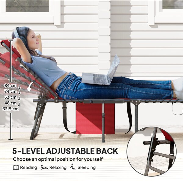 Outsunny Folding Sun Lounger with Side Table, 5-Level Adjustable Reclining Sun Lounger Chair, Portable Garden Recliner Sunbed with Side Pocket, Head Pillow for Patio, Beach, Red