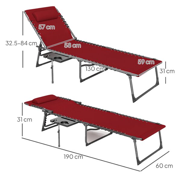 Outsunny Folding Sun Lounger with Side Table, 5-Level Adjustable Reclining Sun Lounger Chair, Portable Garden Recliner Sunbed with Side Pocket, Head Pillow for Patio, Beach, Red