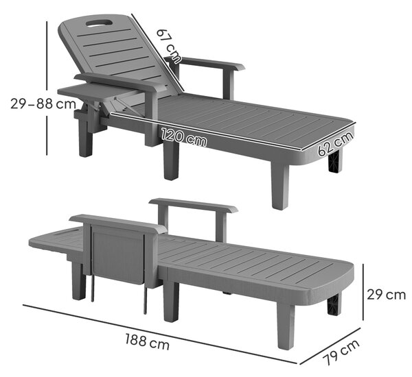 Outsunny Set of 2 Resin Reclining Sun Loungers for Garden, 5 Positions Adjustable Outdoor Chaise Lounge Chairs with Wood Texture Surface, Armrests, Foldable Side Table for Garden, Beach, Dark Grey