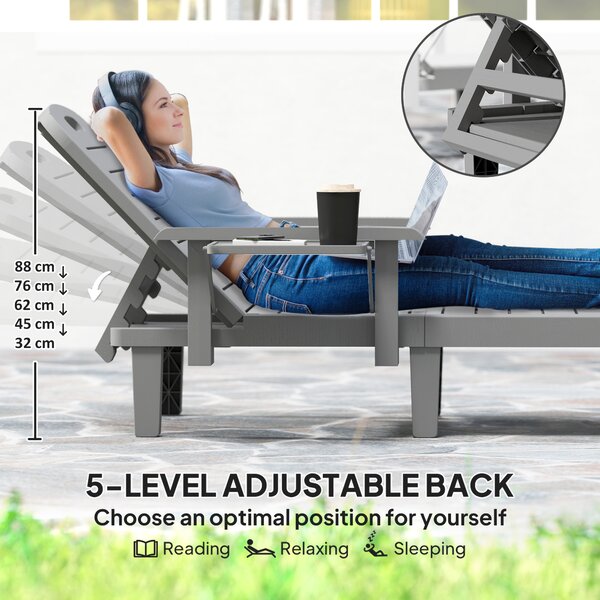 Outsunny Set of 2 Resin Reclining Sun Loungers for Garden, 5 Positions Adjustable Outdoor Chaise Lounge Chairs with Wood Texture Surface, Armrests, Foldable Side Table for Garden, Beach, Dark Grey