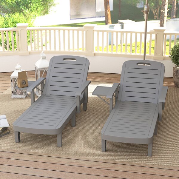 Outsunny Set of 2 Resin Reclining Sun Loungers for Garden, 5 Positions Adjustable Outdoor Chaise Lounge Chairs with Wood Texture Surface, Armrests, Foldable Side Table for Garden, Beach, Dark Grey