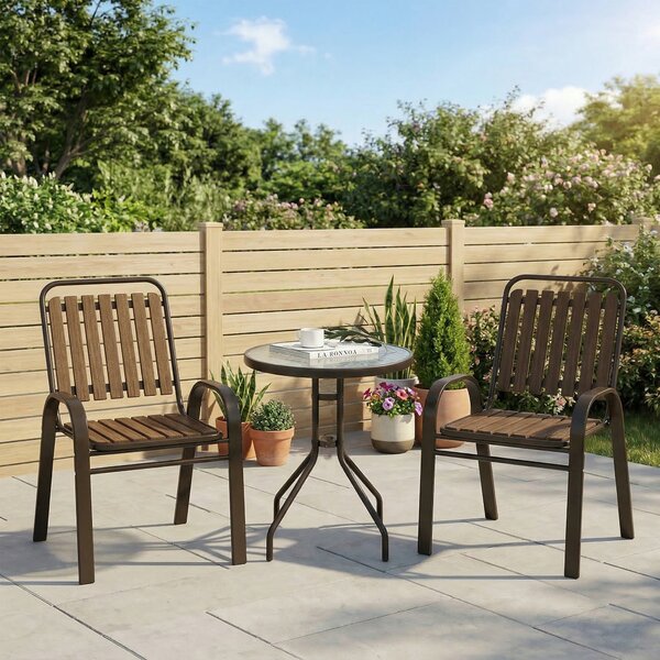 Outsunny 3 Pieces Patio Bistro Set with Stackable Chairs, Tempered Glass Table, for Outdoor, Balcony, Patio, Garden, Dark Brown