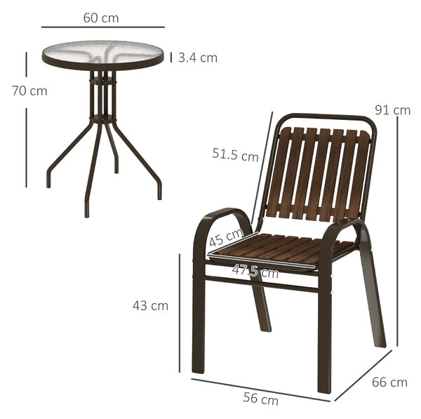 Outsunny 3 Pieces Patio Bistro Set with Stackable Chairs, Tempered Glass Table, for Outdoor, Balcony, Patio, Garden, Dark Brown