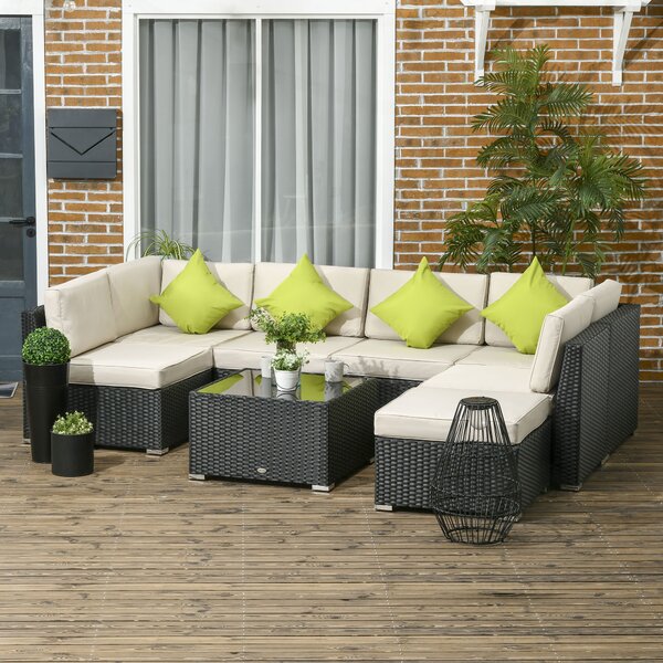Outsunny 8 Pieces PE Rattan Corner Sofa Set, Outdoor Garden Furniture Set, Patio Wicker Sofa Seater w/ Cushion, Cushion Cover, Black Aosom UK
