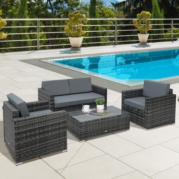 Outsunny 4 Pieces Wicker Steel Rattan Sofa Set Garden Chair Seat Furniture Patio Grey Aosom UK