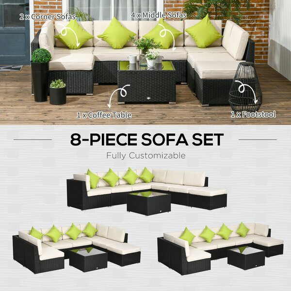 Outsunny 8 Pieces PE Rattan Corner Sofa Set, Outdoor Garden Furniture Set, Patio Wicker Sofa Seater w/ Cushion, Cushion Cover, Black Aosom UK