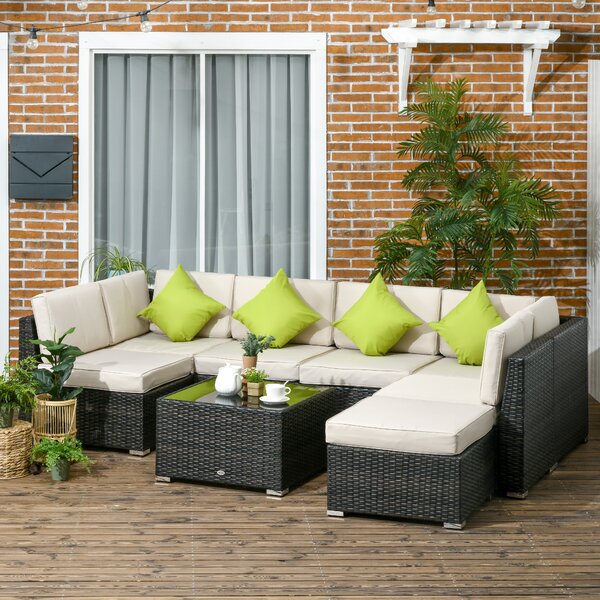 Outsunny 7-Seater PE Rattan Furniture Set with Adjustable Foot Pads & UV Resistance for Garden Patio Conservatory Outdoor, Brown Aosom UK
