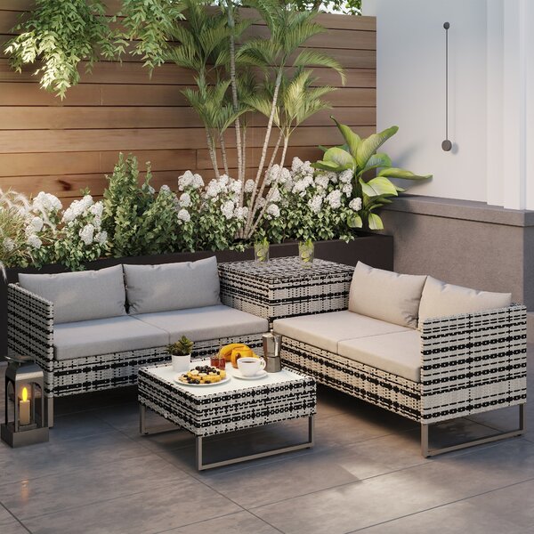 Outsunny 4pc All Weather Outdoor Sofa Set, Rattan Wicker Patio Corner Sofa with Cushions and Side Storage, Mixed Grey Aosom UK