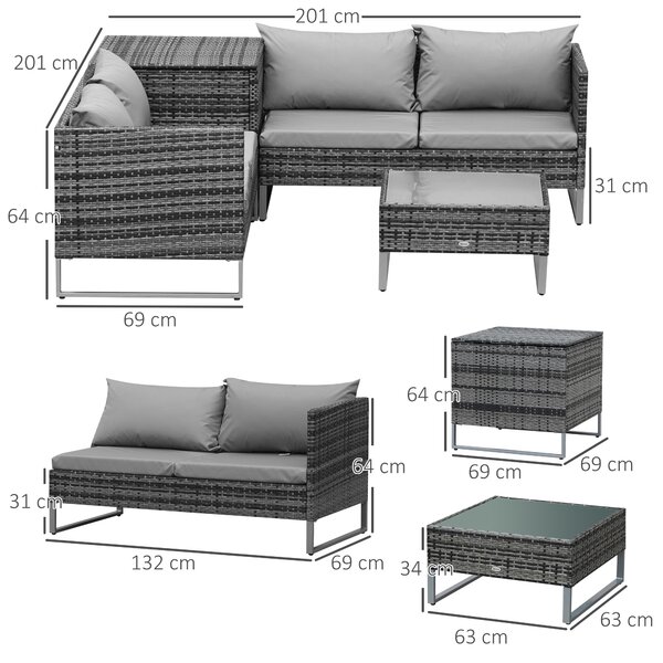 Outsunny 4pc All Weather Outdoor Sofa Set, Rattan Wicker Patio Corner Sofa with Cushions and Side Storage, Mixed Grey Aosom UK