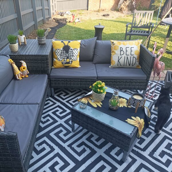 Outsunny 4pc All Weather Outdoor Sofa Set, Rattan Wicker Patio Corner Sofa with Cushions and Side Storage, Mixed Grey Aosom UK