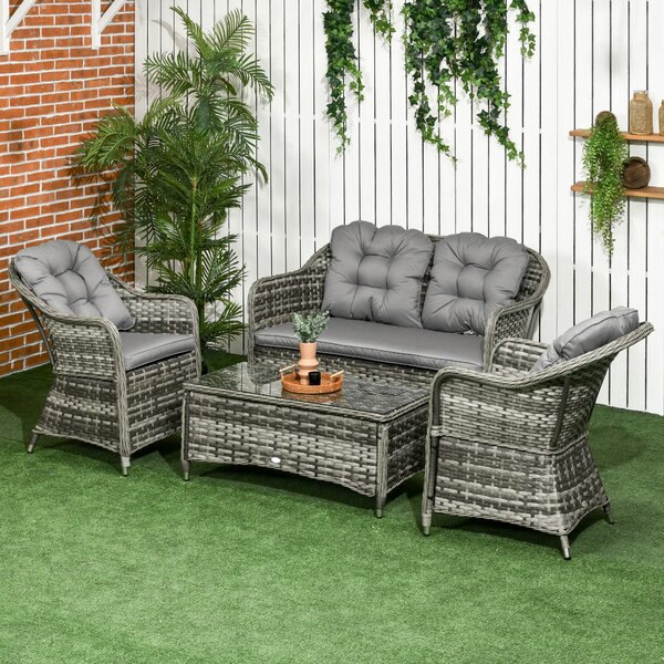 Outsunny 4 Pieces PE Rattan Wicker Sofa Set Outdoor Conservatory Furniture Lawn Patio Coffee Table w/ Cushion, Grey Aosom UK